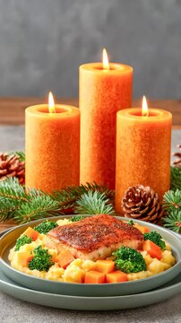 Festive Dinner Table Setting with Candles and Pine Branches