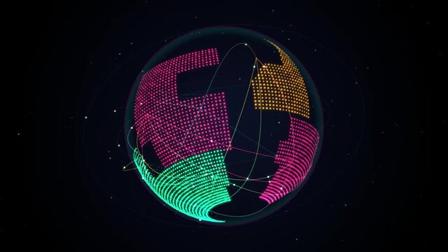 Futuristic 3D digital planet animation showing rotating glowing dotted grids with orbital connection lines and particles on a dark tech background