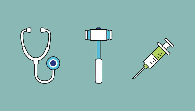Three flat line icons of common medical tools including a stethoscope, a neurological hammer, and a green fluid syringe.