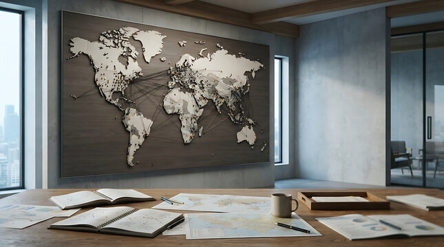 Modern office interior with a large wooden world map on the wall and a desk full of travel planning items