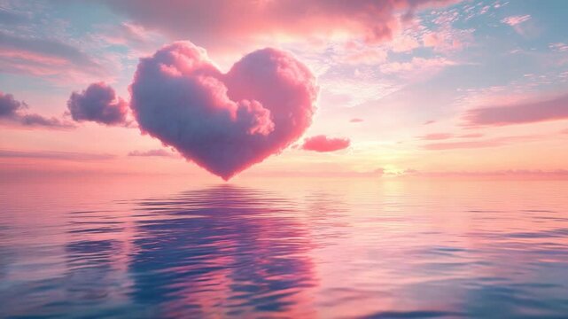 Romantic heart shaped cloud floating above calm ocean at sunset with dreamy sky reflection soft glowing atmosphere love symbol fantasy seascape peaceful horizon emotional Valentines background scene