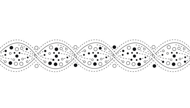 Intricate black and white abstract geometric pattern depicting interlocking wavy lines with dots, resembling a DNA double helix.
