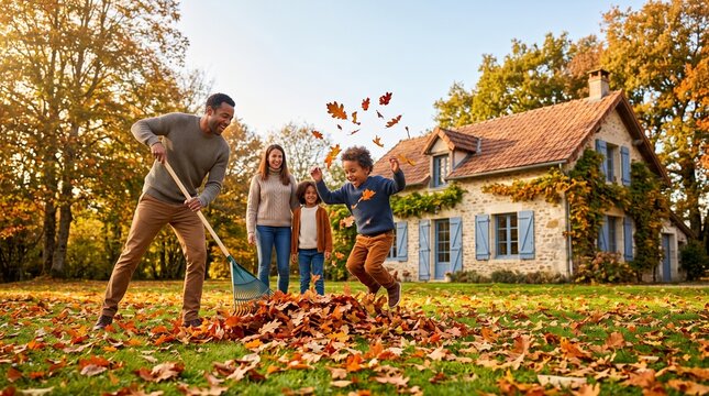 Residential house with fall lawn, Family raking autumn leaves and playing together in front of countryside house  