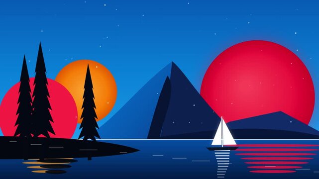 Minimalist digital landscape featuring a peaceful sailboat on calm water with stylized geometric mountains and glowing red suns against blue sky
