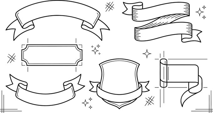 Vintage ribbon banners and shield crest frames outline vector set isolated on white background retro tattoo style elements
