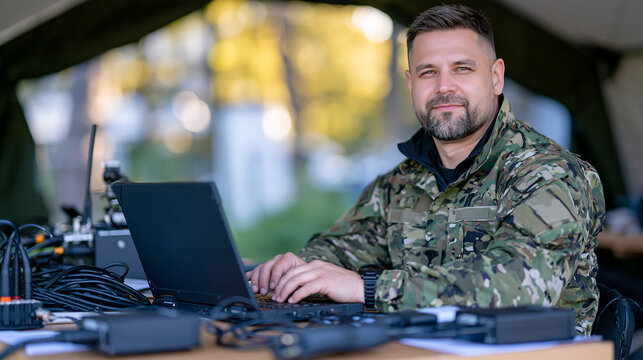 Soldier using a rugged military laptop inside a field tent, tactical communication equipment, cables, radio devices and power supplies arranged around the workstation, realistic temporary command po