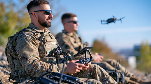 Soldiers operating advanced military drones from a rugged field position in a combat zone, compact UAV taking off above dusty terrain, operators focused on digital flight controls and aerial surveil