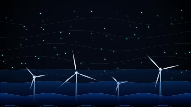Animated offshore wind turbines rotating at night with glowing blue ocean waves and floating particles in a dark minimalist vector motion background