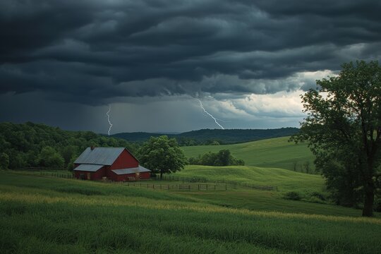 Dramatic storm clouds above a red barn in a rolling green landscape.