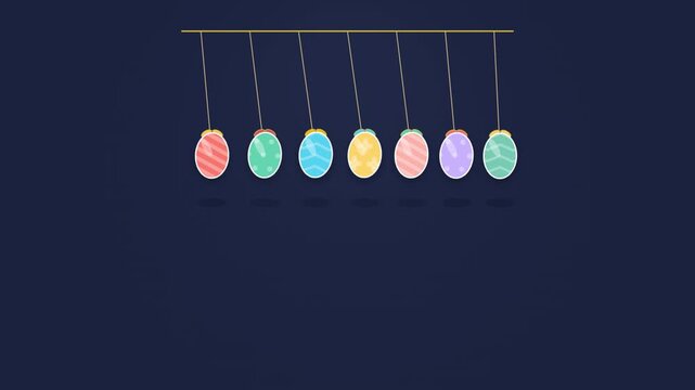 Pastel Easter eggs hanging on golden strings navy blue background clean vector animation 4k seamless loop