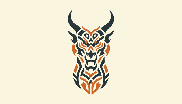 Tribal dragon head emblem featuring bold black and vibrant orange geometric patterns on a light cream background.