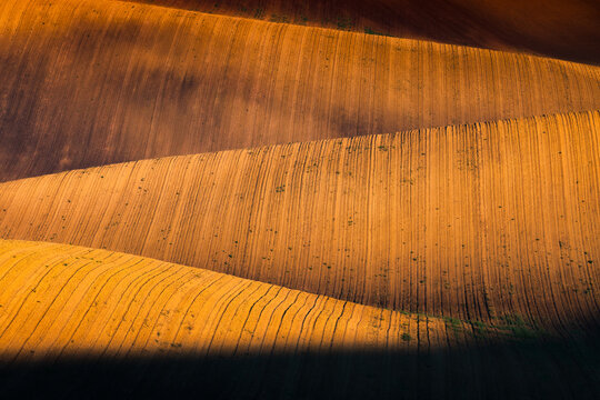 View of rolling agricultural fields with deep furrows and dramatic shadows cast by the golden hour light in Brno, South Moravian Region, Czechia.