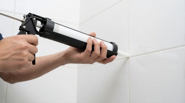 A man using a caulking gun to apply sealant to the grout lines between white bathroom wall tiles.