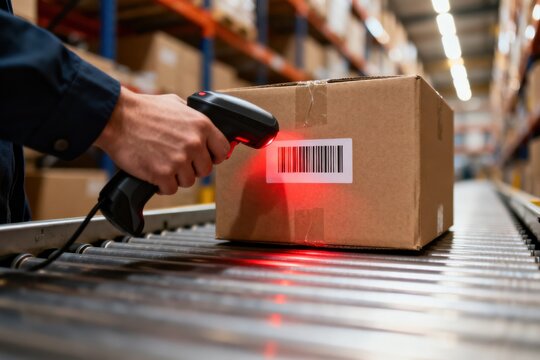 A warehouse worker uses a barcode scanner to process a cardboard package on a rolling conveyor belt.