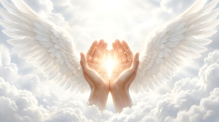 Fototapeta premium A radiant depiction of hands gently cradling a brilliant glowing orb of light set against a backdrop of ethereal swirling clouds evoking a sense of