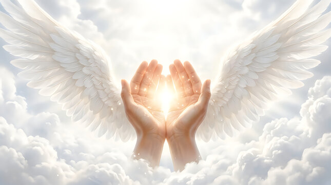 A radiant depiction of hands gently cradling a brilliant glowing orb of light set against a backdrop of ethereal swirling clouds evoking a sense of