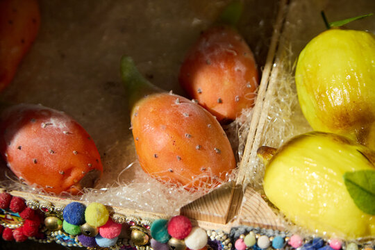 Assortment of colorful marzipan fruits, a Sicilian delicacy in Taormina.