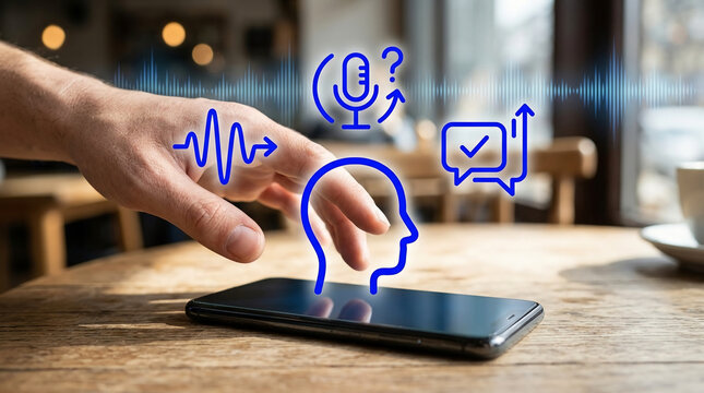 Human hand interacting with smartphone using blue AI voice assistant icons and audio waveform graphic on wooden table in cafe setting technology concept