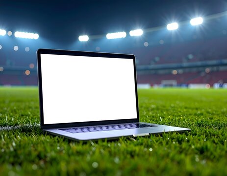 Laptop with blank screen sitting on green field at illuminated stadium, night view