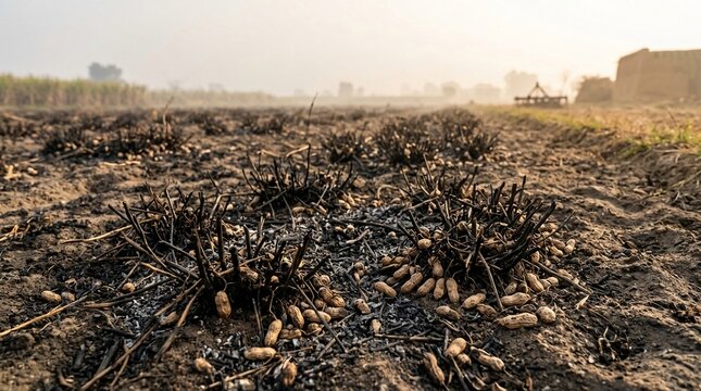 Sun-drenched field of freshly harvested peanuts emerging from the soil