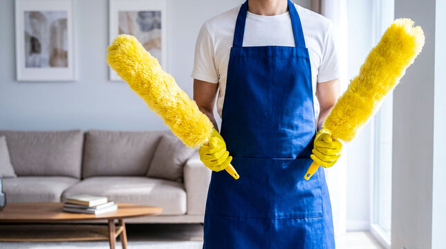 Professional cleaner wearing blue apron and yellow gloves holds two duster tools in bright living room for domestic housekeeping and home maintenance services.