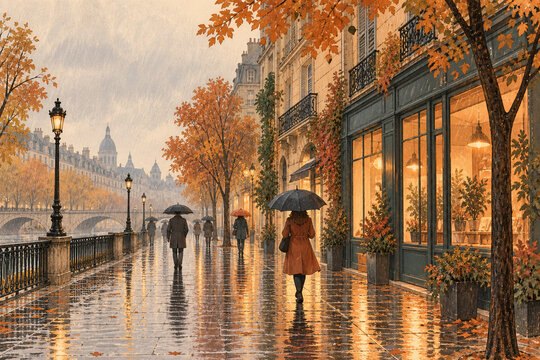 Escena urbana bajo lluvia oto&ntilde;al