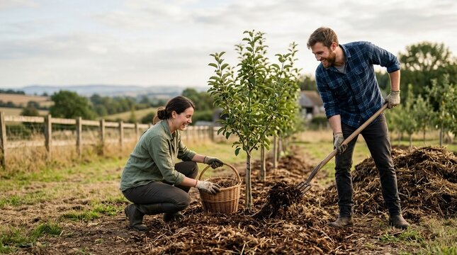 Young agricultural couple happily planting young trees together in a sunny, rural garden setting.