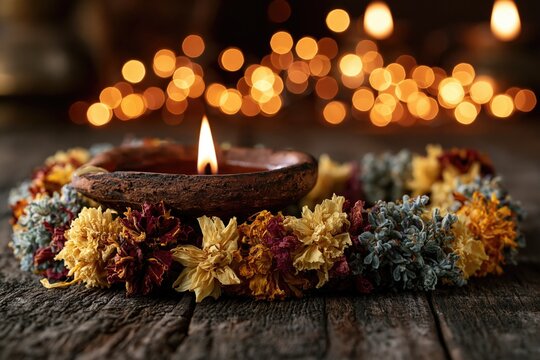 Handmade clay diya lamp with dried flower garland beside it