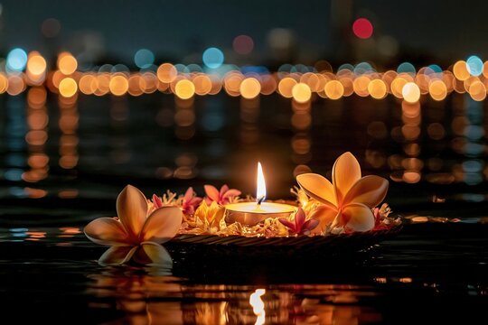 Krathong floating with lit candle beside a fallen frangipani flower
