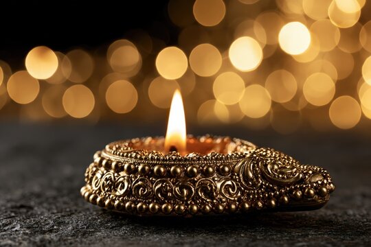 Ornate decorated diya lamp on dark stone surface with warm glow