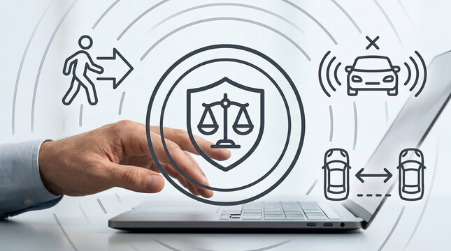 Concept of legal protection and safety regulations in automotive technology with hand interacting with laptop and digital safety icons.