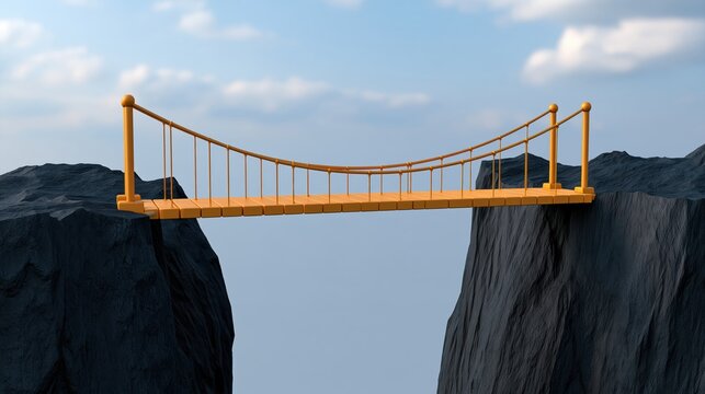 Orange suspension bridge connecting two dark rocky mountain cliffs over deep abyssal canyon under clear blue cloudy sky landscape