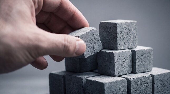 Human hand carefully stacking rough textured grey concrete cubes to form a solid pyramid building block