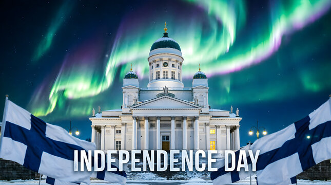 Finland Independence Day celebration with Finnish flag and illuminated landmark