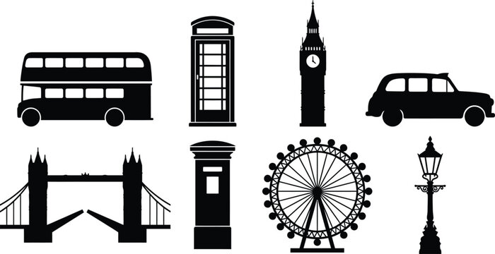 London landmark icons and United Kingdom symbols silhouette set including Big Ben bus taxi and bridge