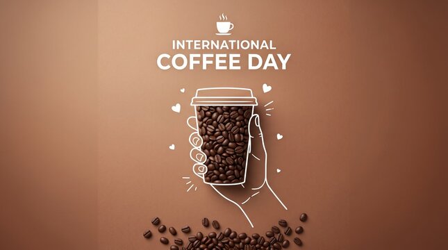 International Coffee Day concept with roasted beans, hand drawn line art cup on brown background, creative coffee holiday banner