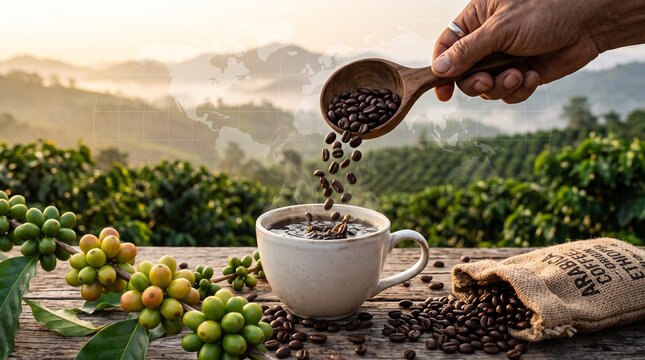 Roasted coffee beans falling into white cup, coffee plantation landscape at sunrise, organic arabica beans and raw berries