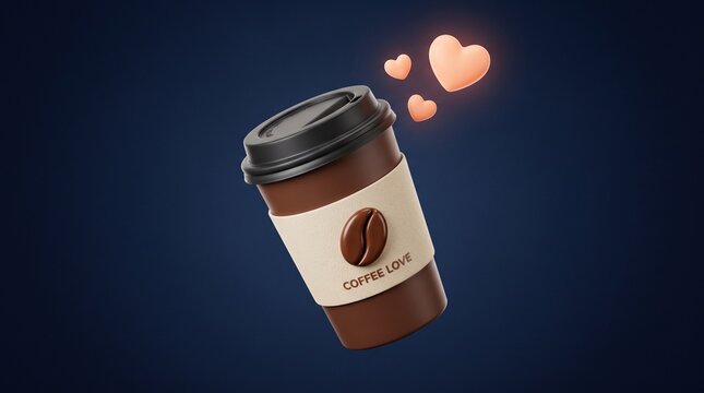 Floating coffee cup with hearts, 3D render of takeaway paper cup with coffee love label, romantic cafe beverage concept