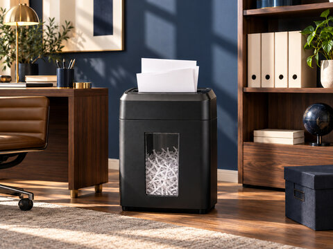 Compact home office paper shredder with blank documents and clean workspace
