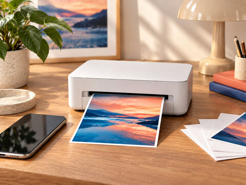 Premium compact photo printer with colorful instant print on creative desk