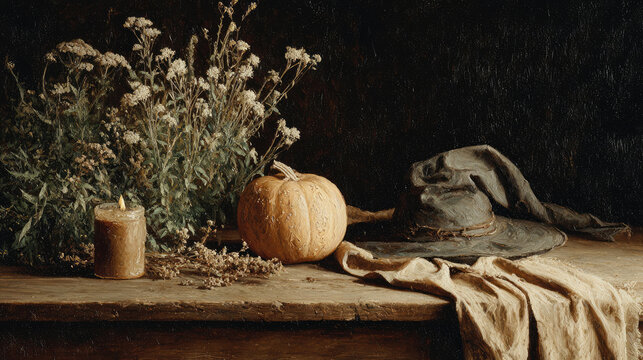 Black witch hat for Halloween and pumpkin with wax candles, dried flowers and herbs on rustic wooden table on dark background. Retro, oil painting, mysterious atmosphere.