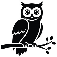 Obraz premium Cute owl silhouette perched on a leafy tree branch black and white vector illustration.