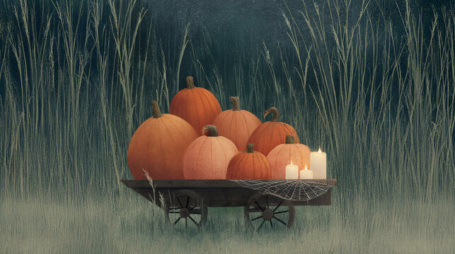 Watercolor pumpkin wheelbarrow with candles and cobwebs, in the tall grass of a night field against the background of the starry sky. Cart with pumpkins, Halloween