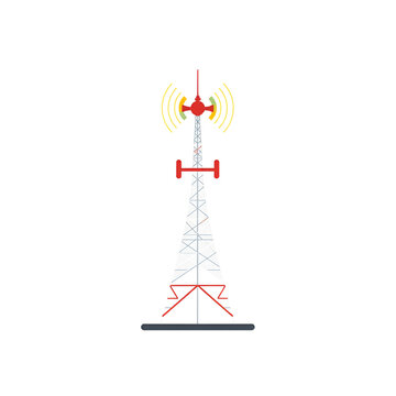 Telecommunication tower broadcasting wireless signal in flat vector style