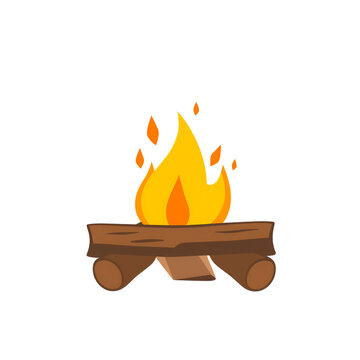 Campfire burning with bright yellow flames and brown logs on white background