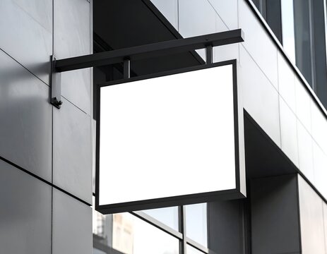 Square blank sign with black frame suspended on a modern building exterior
