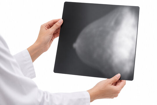 Clean healthcare stock concept showing two hands - film float (white), with an unbranded device or abstract diagnostic film and copy space for breast health screening awareness campaigns.