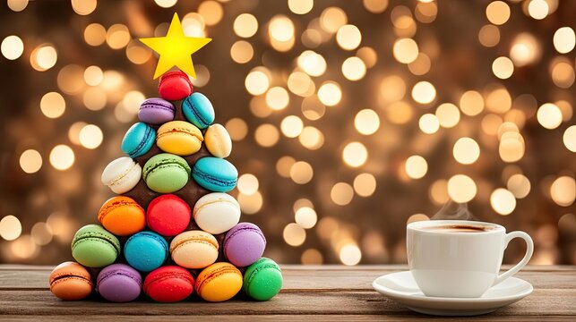 Colorful Christmas tree made of macarons with a festive star and a warm cup of coffee on a cozy cafe table