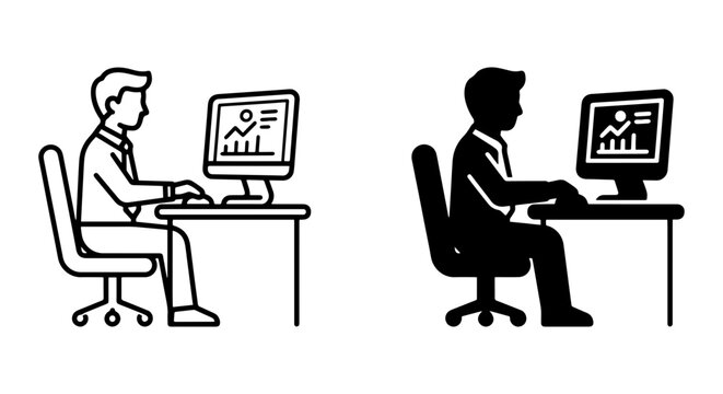 Business Analyst Working on Computer, Data Analysis Icon Set, Office Worker Silhouette