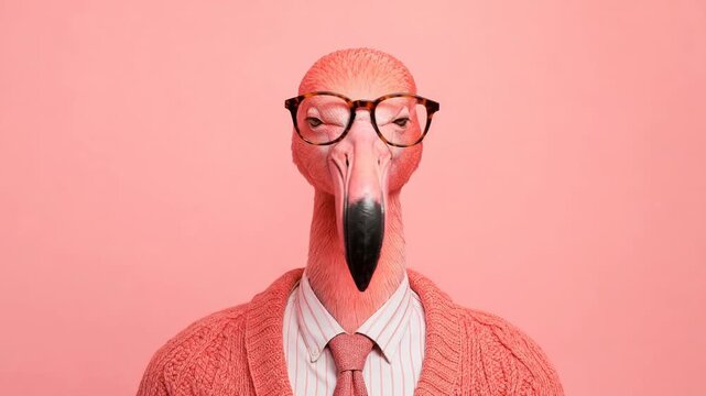 Funny flamingo male cartoon character with glasses blinking and winking on a solid pink background